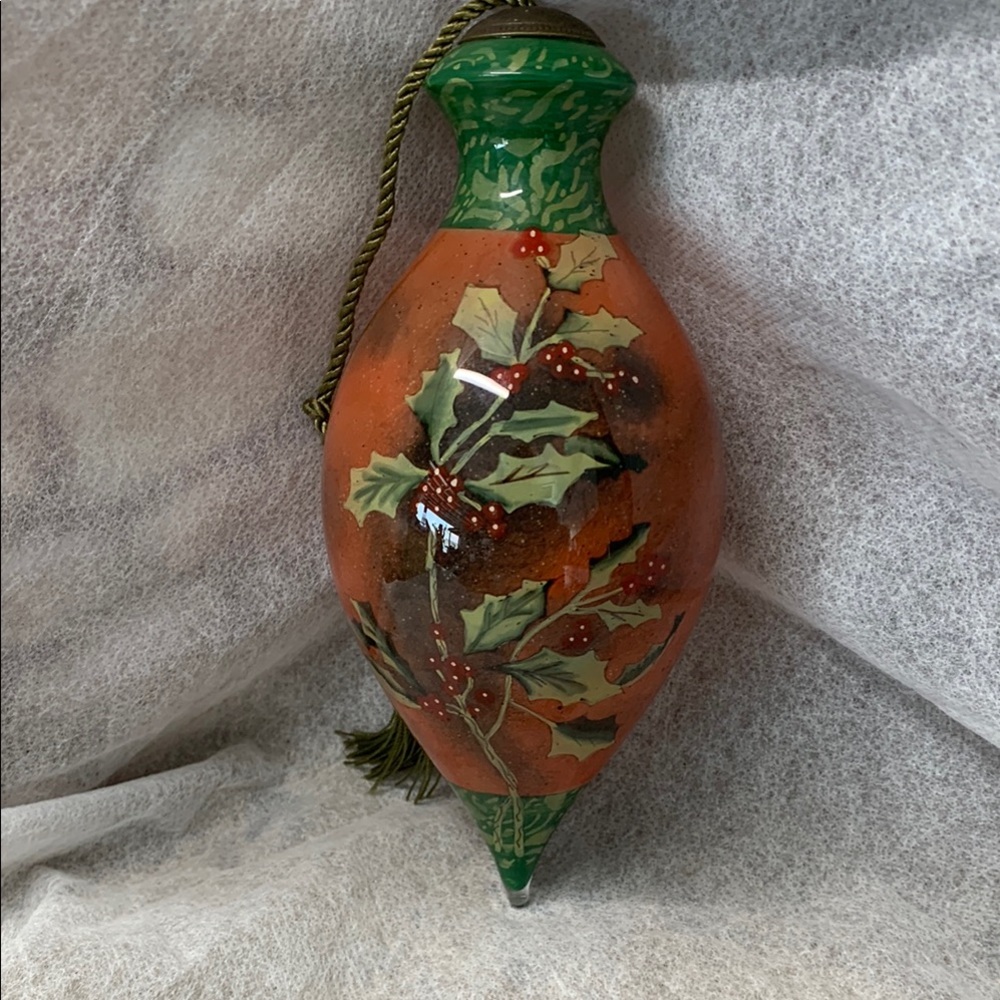 Susan Winget  Ne' Qwa Art (7") Signed  Orange  Ornament with  Holly Sprig